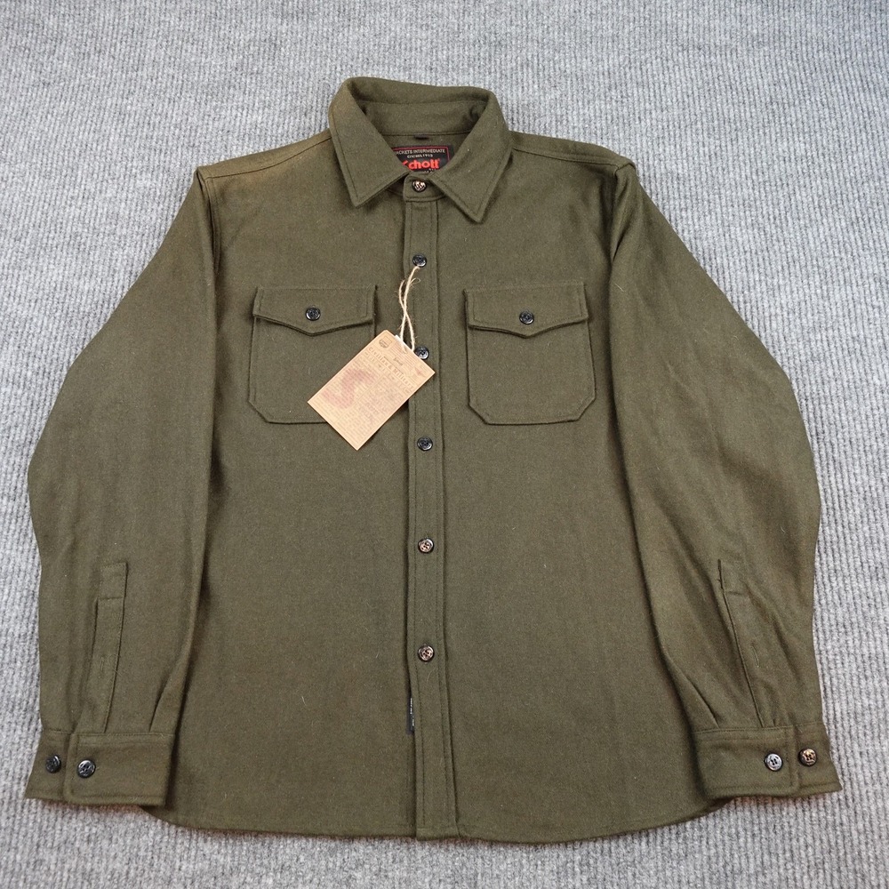 Schott NYC Mens XL Olive Green Wool CPO Military Button Up Shirt FW19007